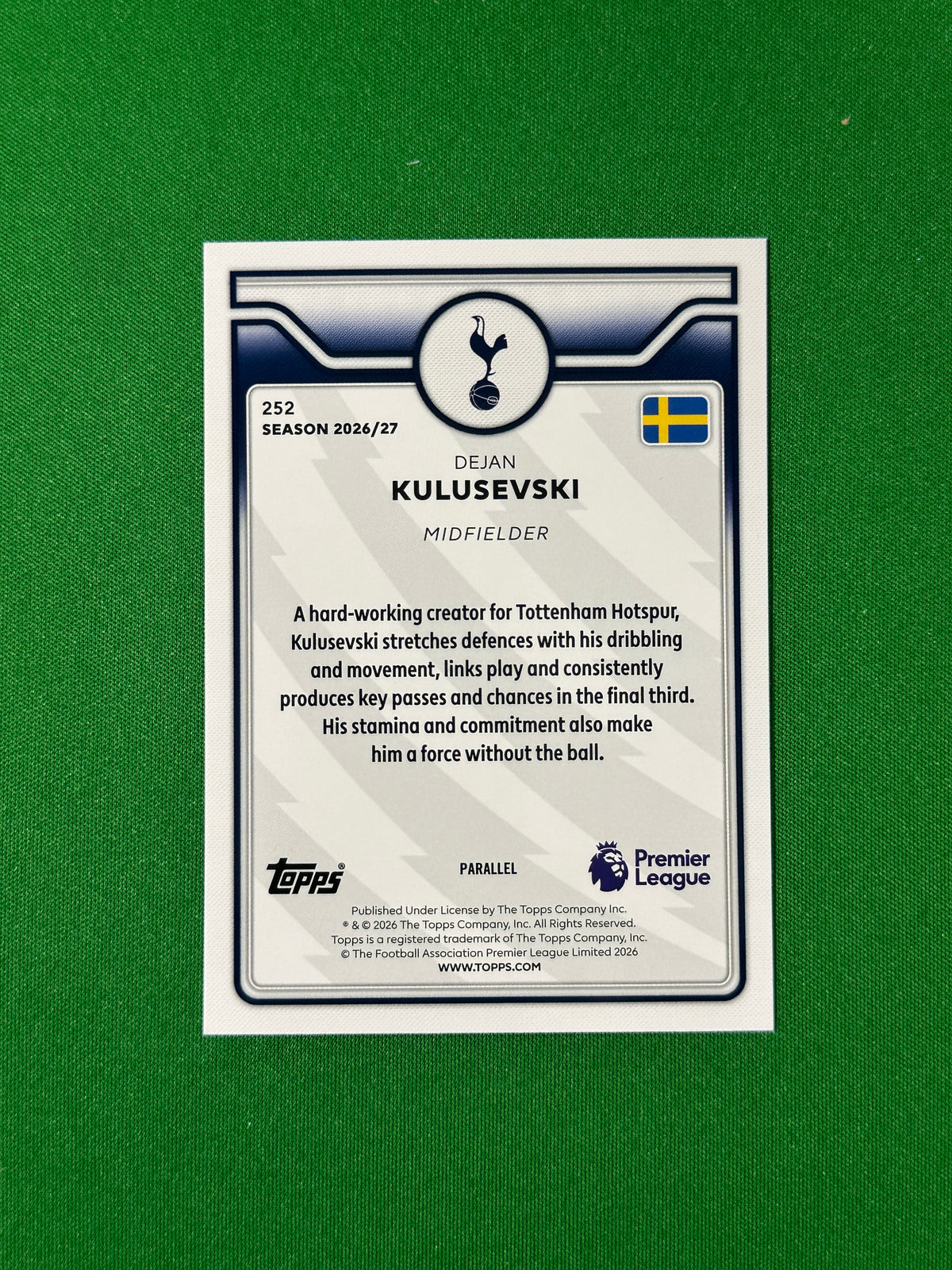 Dejan Kulusevski Topps Premier League 2026/27 Green 10/99 #252 — back