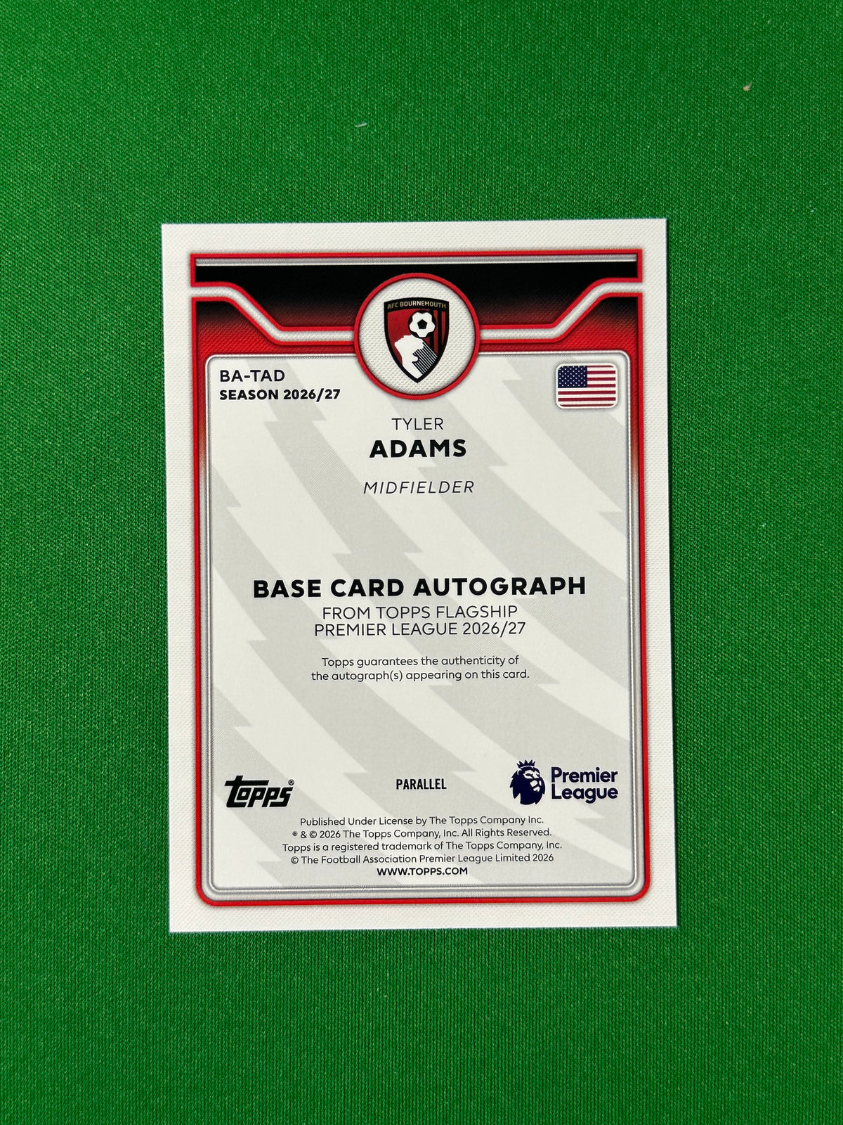 Tyler Adams Topps Premier League 2026/27 Autograph Purple 037/199 #BA-TAD — back
