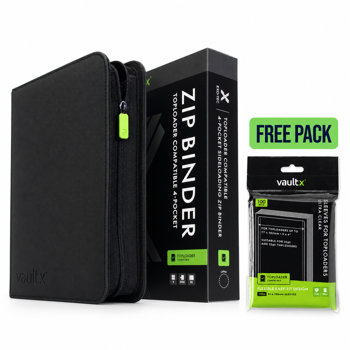 Vault X 4-Pocket Toploader Compatible Binder with one free pack of ultra-clear sleeves for top loaders