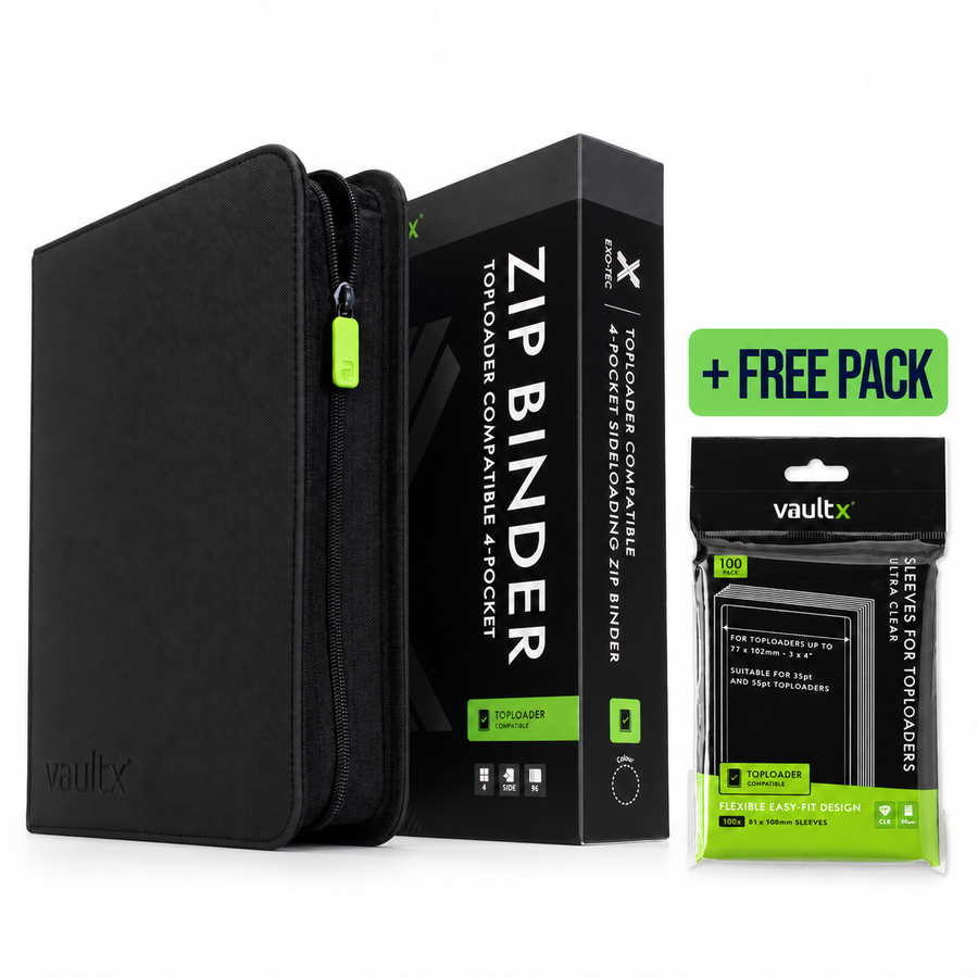 Vault X 4-Pocket Toploader Compatible Binder plus one free pack of ultra-clear sleeves for top loaders