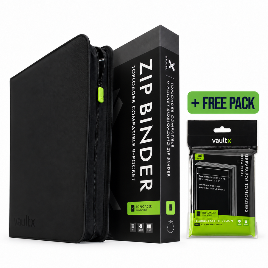 Vault X 9-Pocket Toploader Compatible Binder plus one free pack of ultra-clear sleeves for top loaders