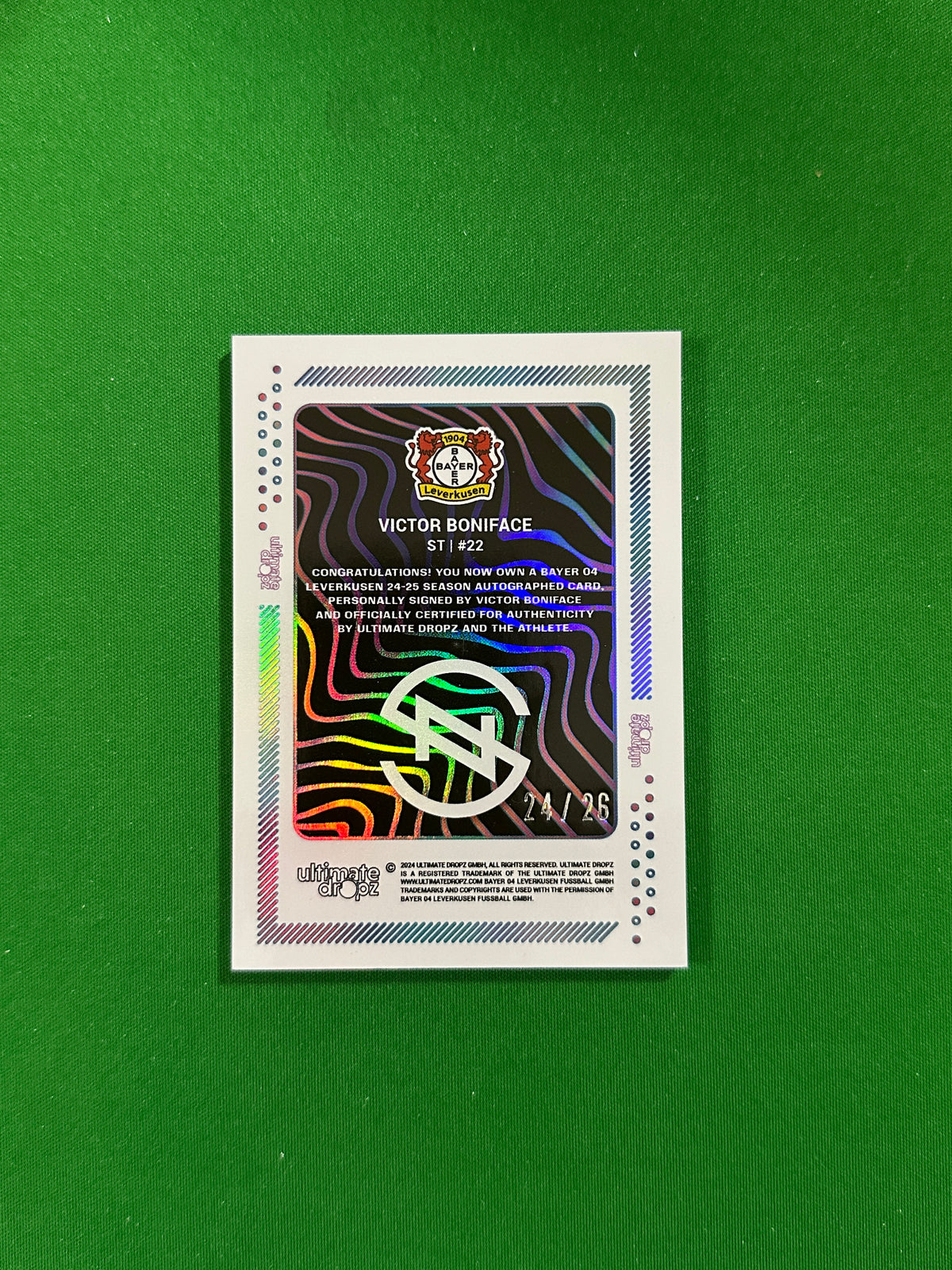 Victor Boniface On-card Autograph 24/26 - Ultimate Dropz Bayer 04 Leverkusen Supernova 2024 - back